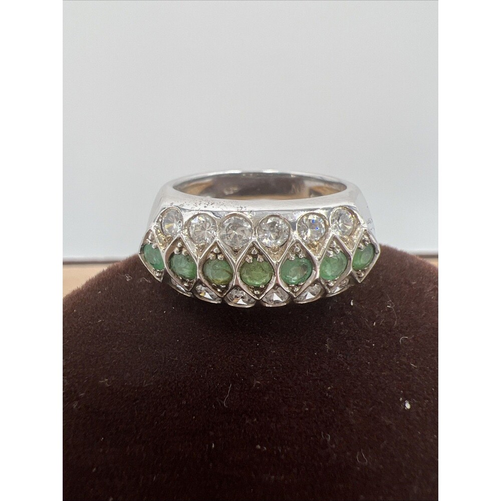 Vintage Estate 925 NF Ring Sterling Silver Dome Pave Emerald & CZ 7.25 QJewelry